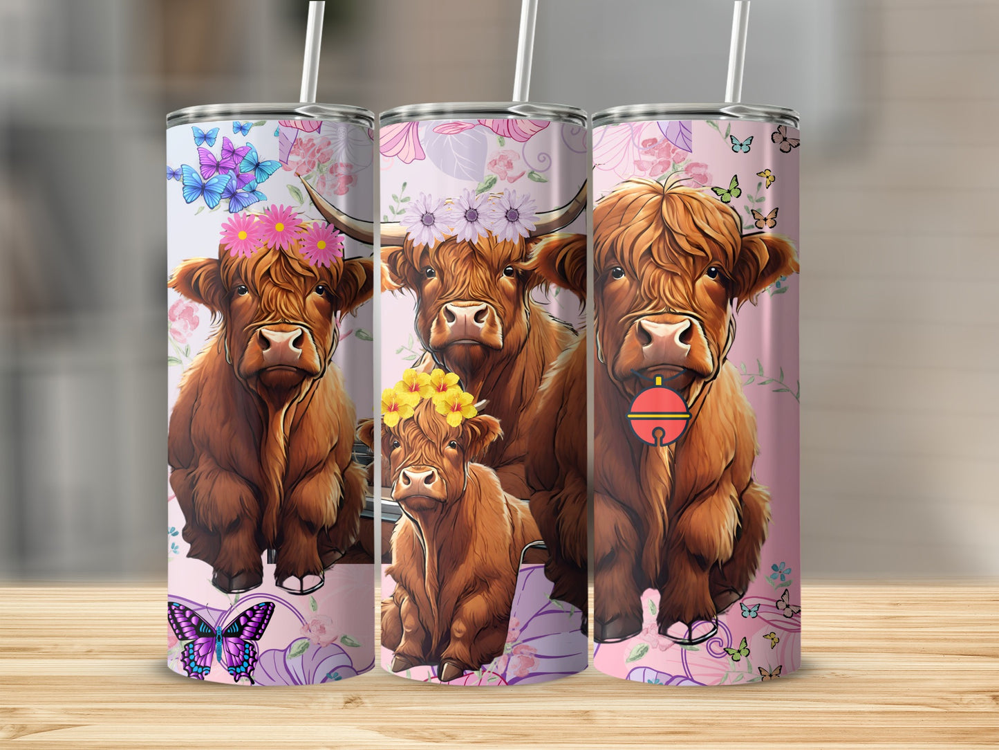 Floral Highland Cow Design Tumblers with Butterflies
