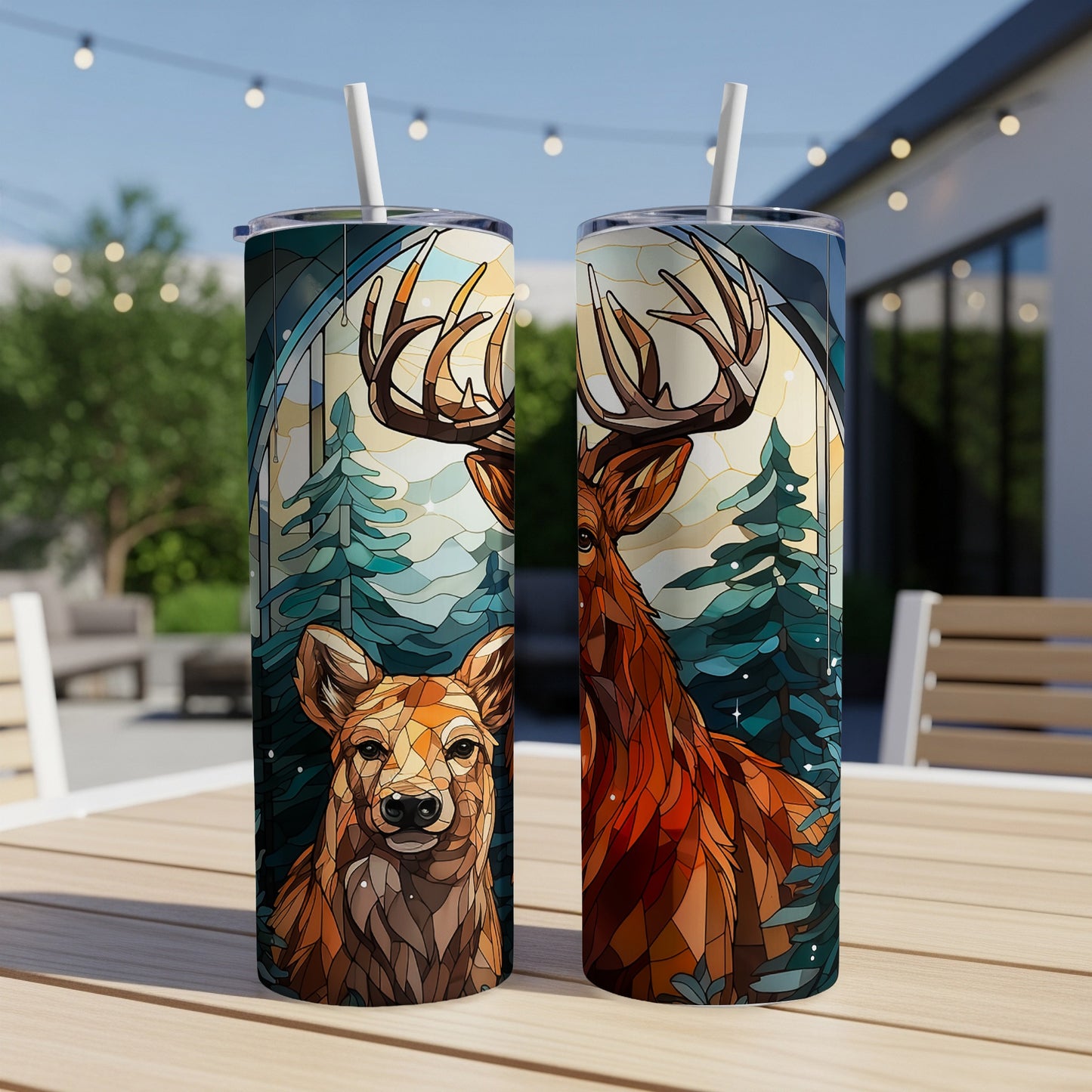 Stained glass style tumbler with deer and forest scene artwork.