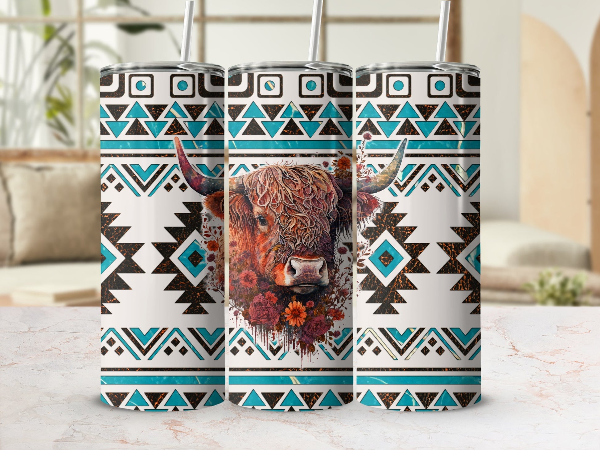 Tapestry tumbler with Highland cow and geometric Southwest pattern.