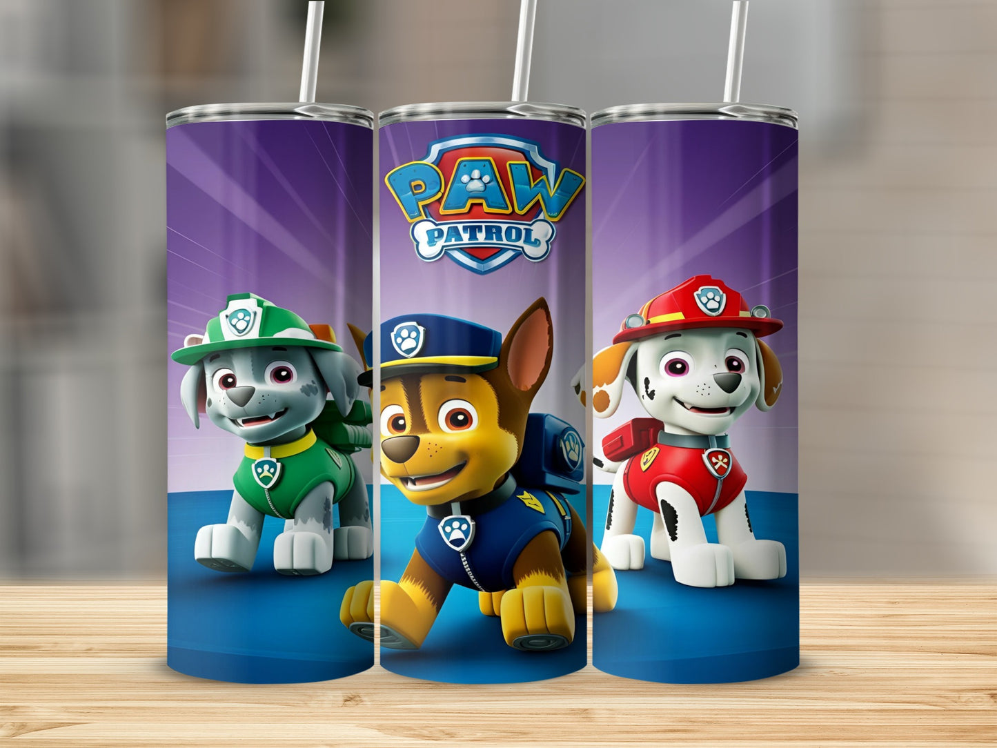 Paw Patrol characters Chase, Marshall, and Rocky on a purple background.