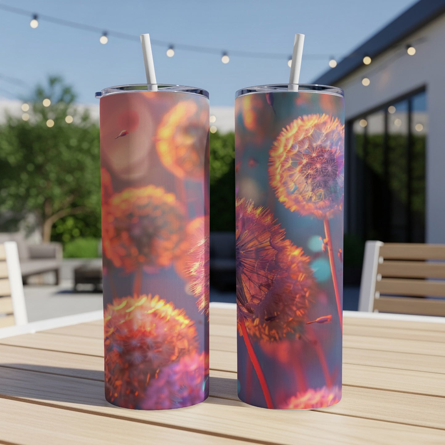 Two tumblers with dandelion floral design sit on a table outdoors.