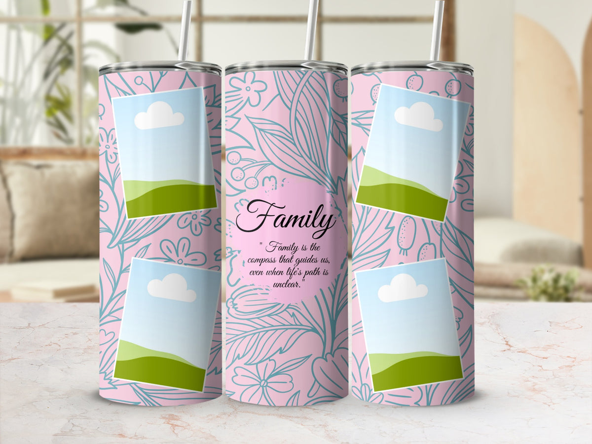 Pink tumbler with floral design and quote about family, featuring photo placeholders.