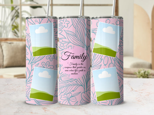 Pink tumbler with floral design and quote about family, featuring photo placeholders.