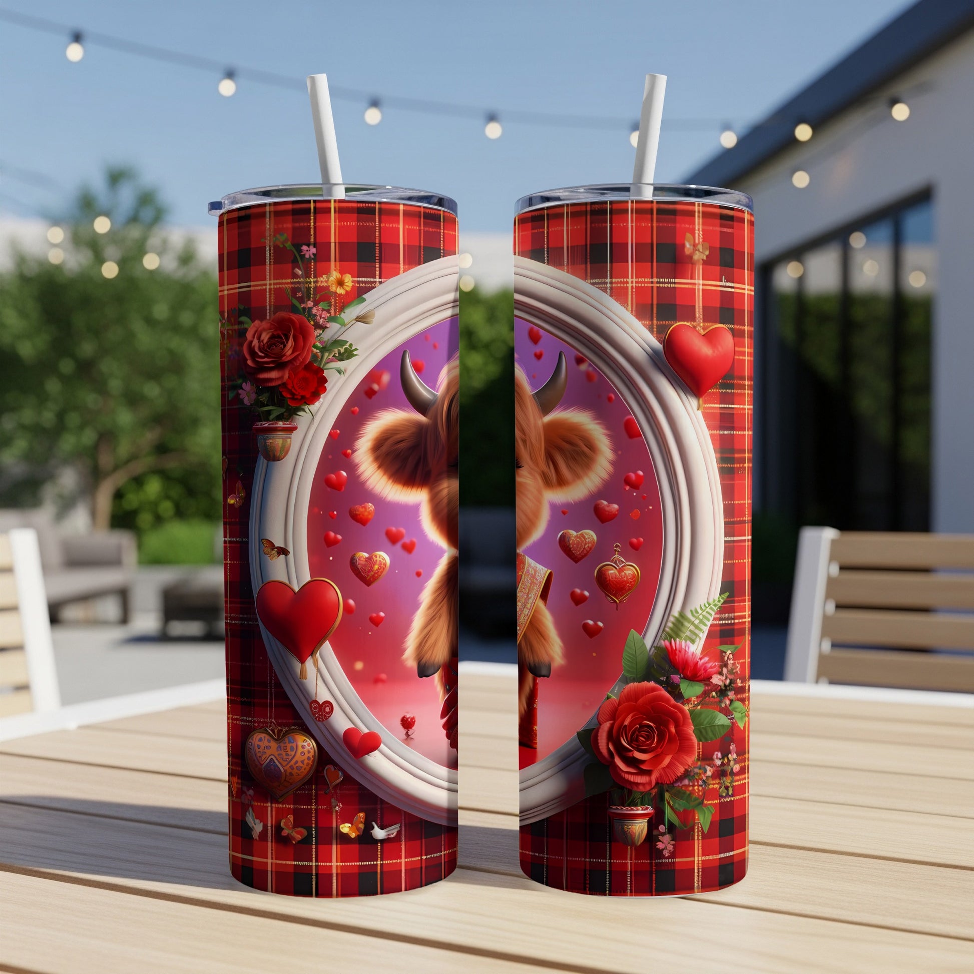 Two tumblers with Highland cow, hearts, and red plaid design.
