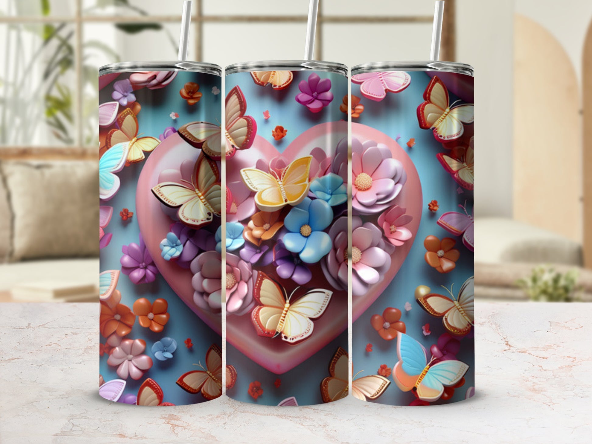 Pink heart tumbler with butterflies and flowers, blurred background.