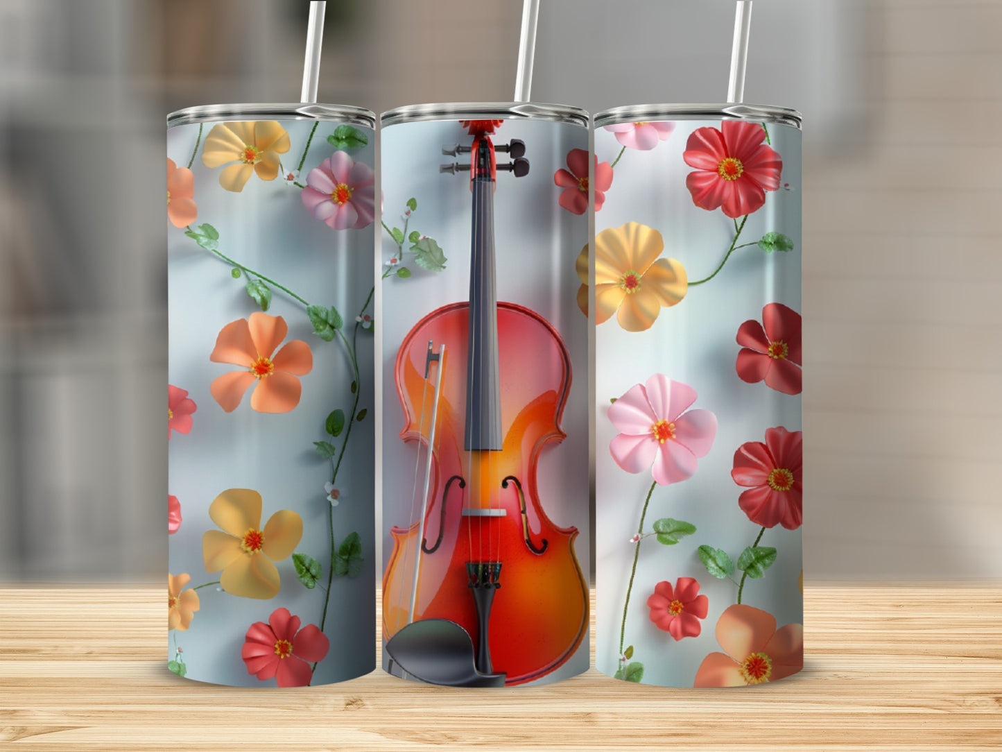 Violin and floral pattern on a set of three tumblers.