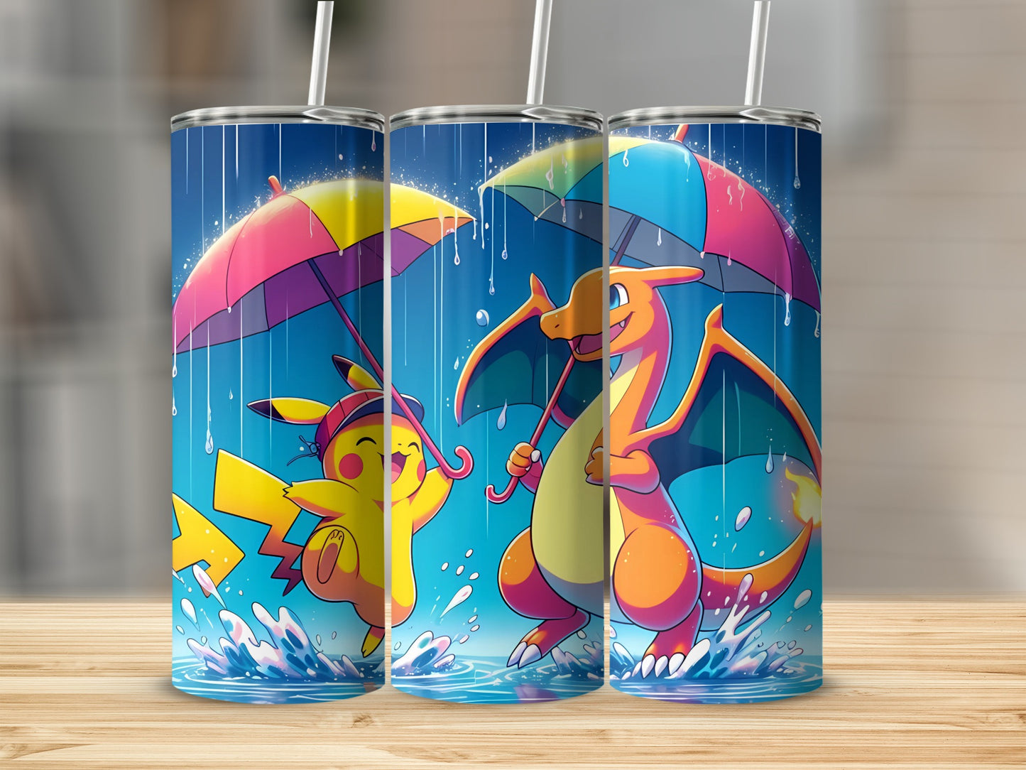 Pikachu and Charizard with Umbrellas Tumbler Cup