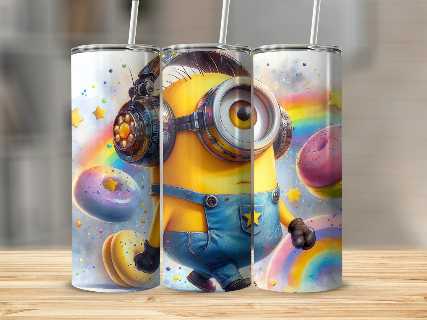 Colorful Minion with Donuts and Rainbows Tumbler