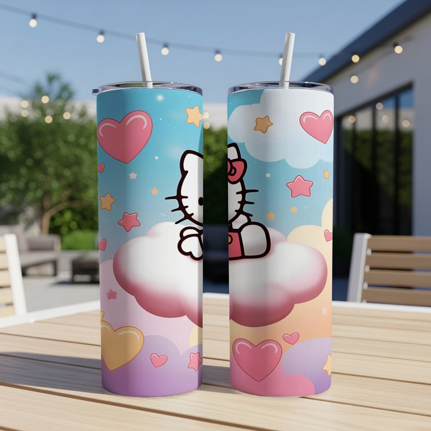 Two Hello Kitty tumblers with clouds, hearts, and stars design.