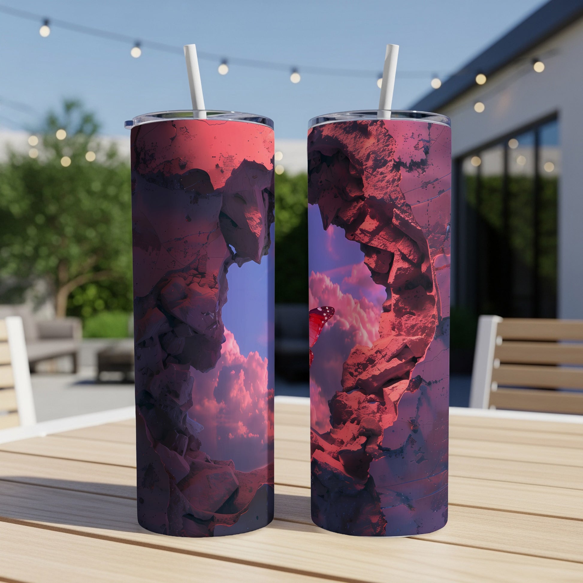 Two tumblers with a fantasy landscape and butterfly, on a table outdoors.