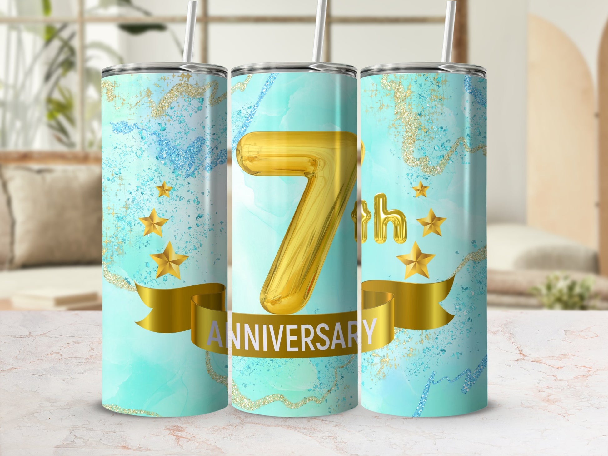 30oz skinny tumbler with gold "7th Anniversary" text on blue marble background.