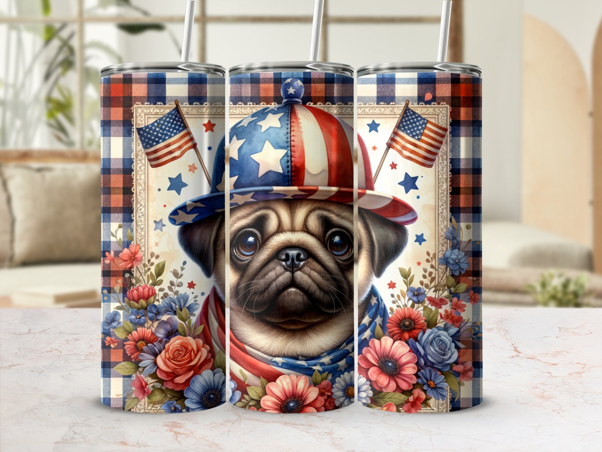 Patriotic pug wearing a stars and stripes hat and bandana, surrounded by flowers.