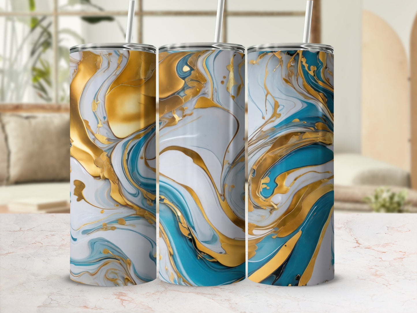 Three tall tumblers with swirling blue and gold marble pattern.