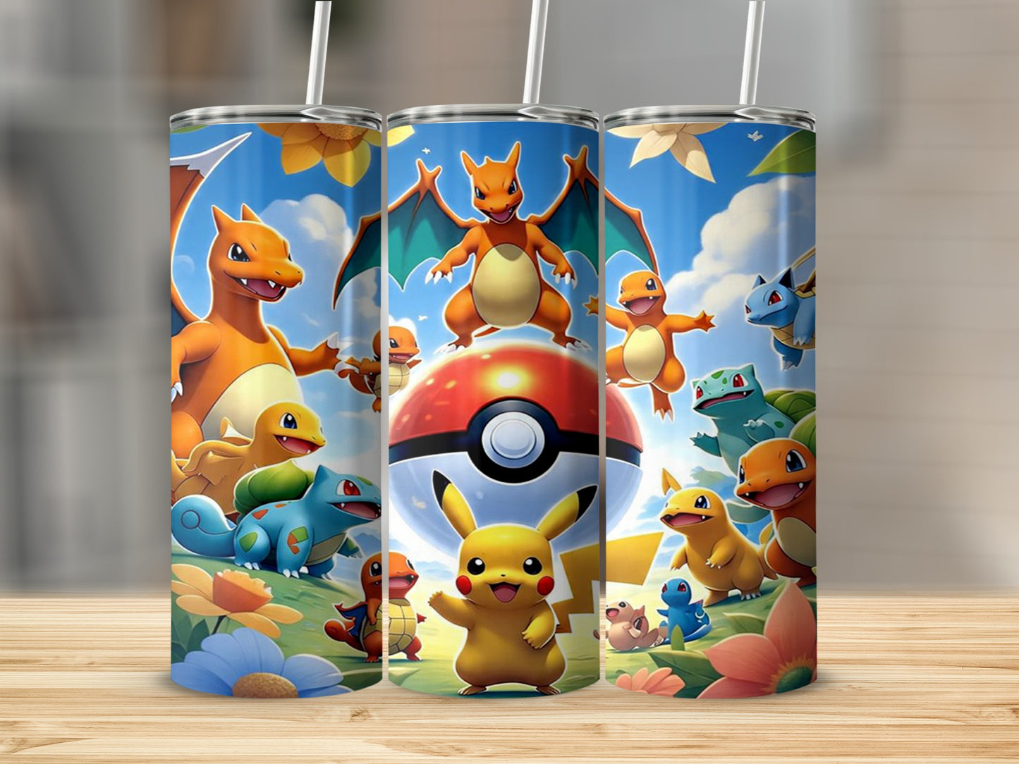 Pokemon characters including Pikachu and Charmander on a tumbler.