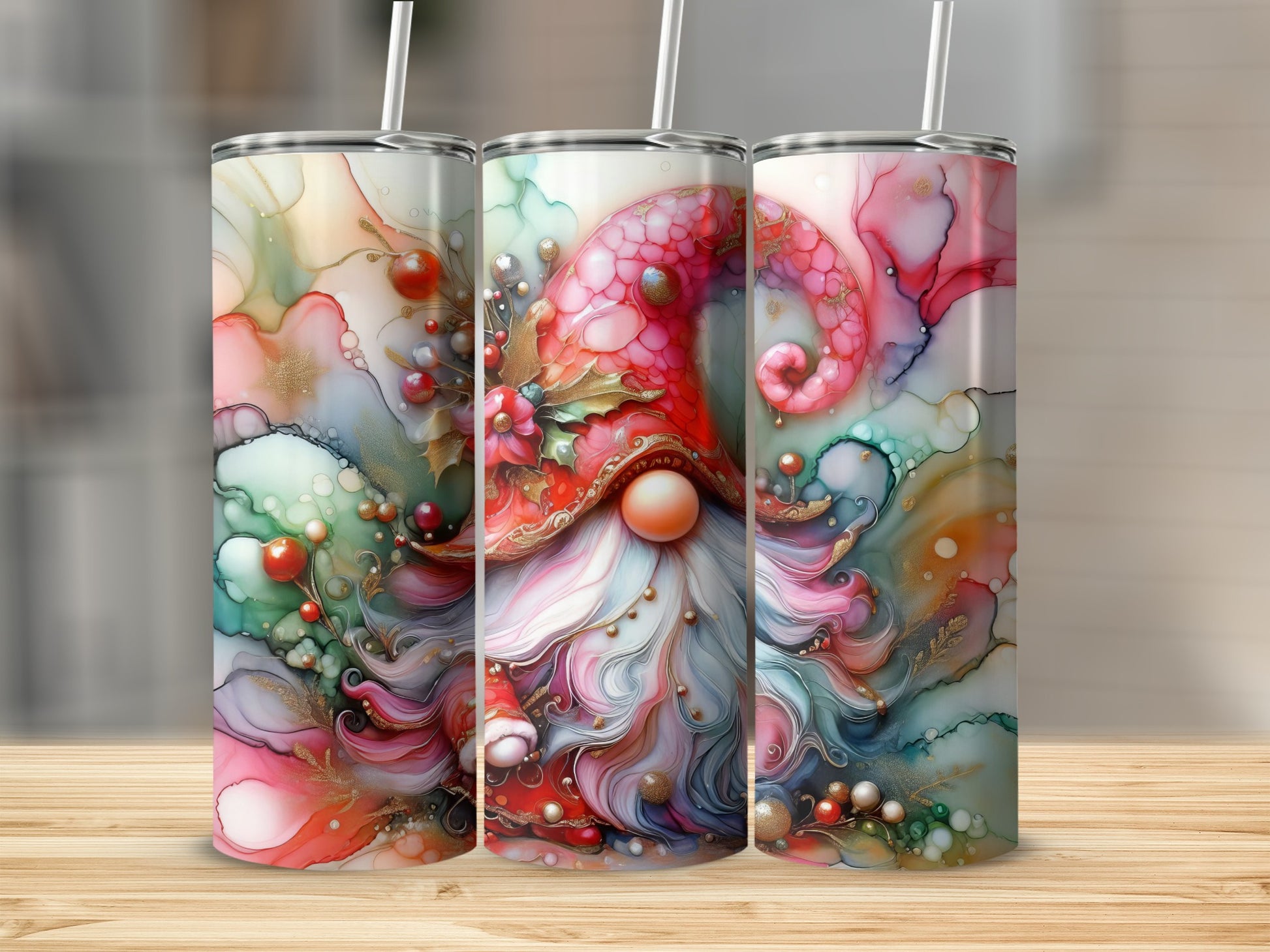 Three tumblers featuring a gnome with festive watercolor holiday accents.