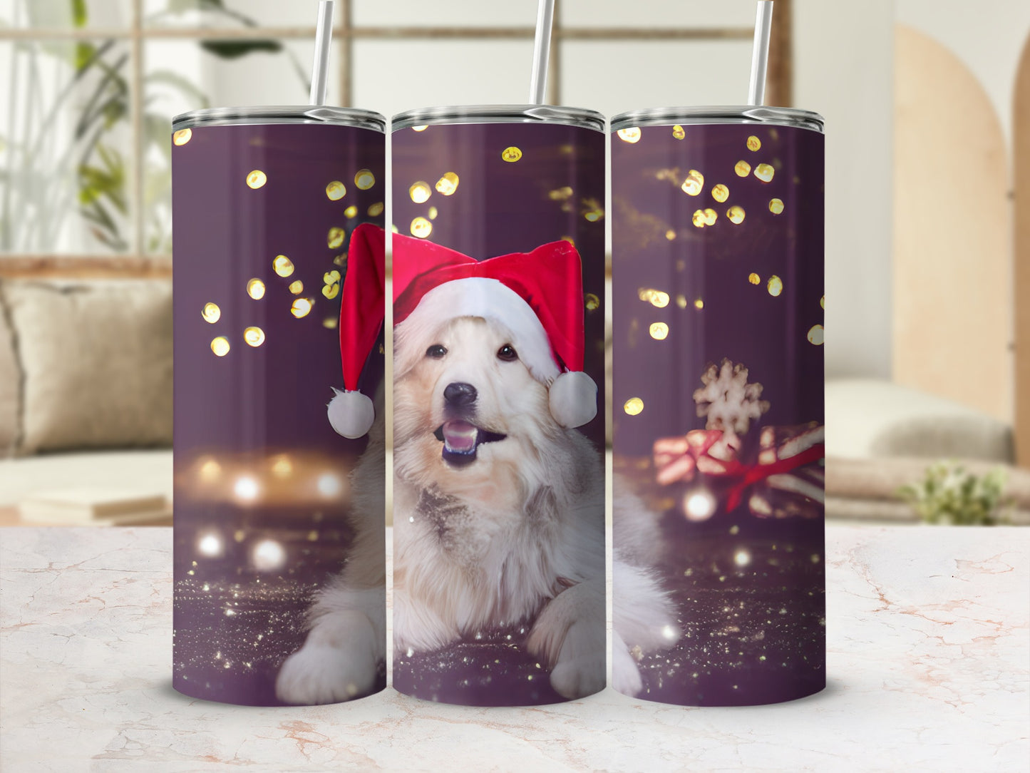 Three tumblers featuring a fluffy dog in a Santa hat with festive bokeh lights.