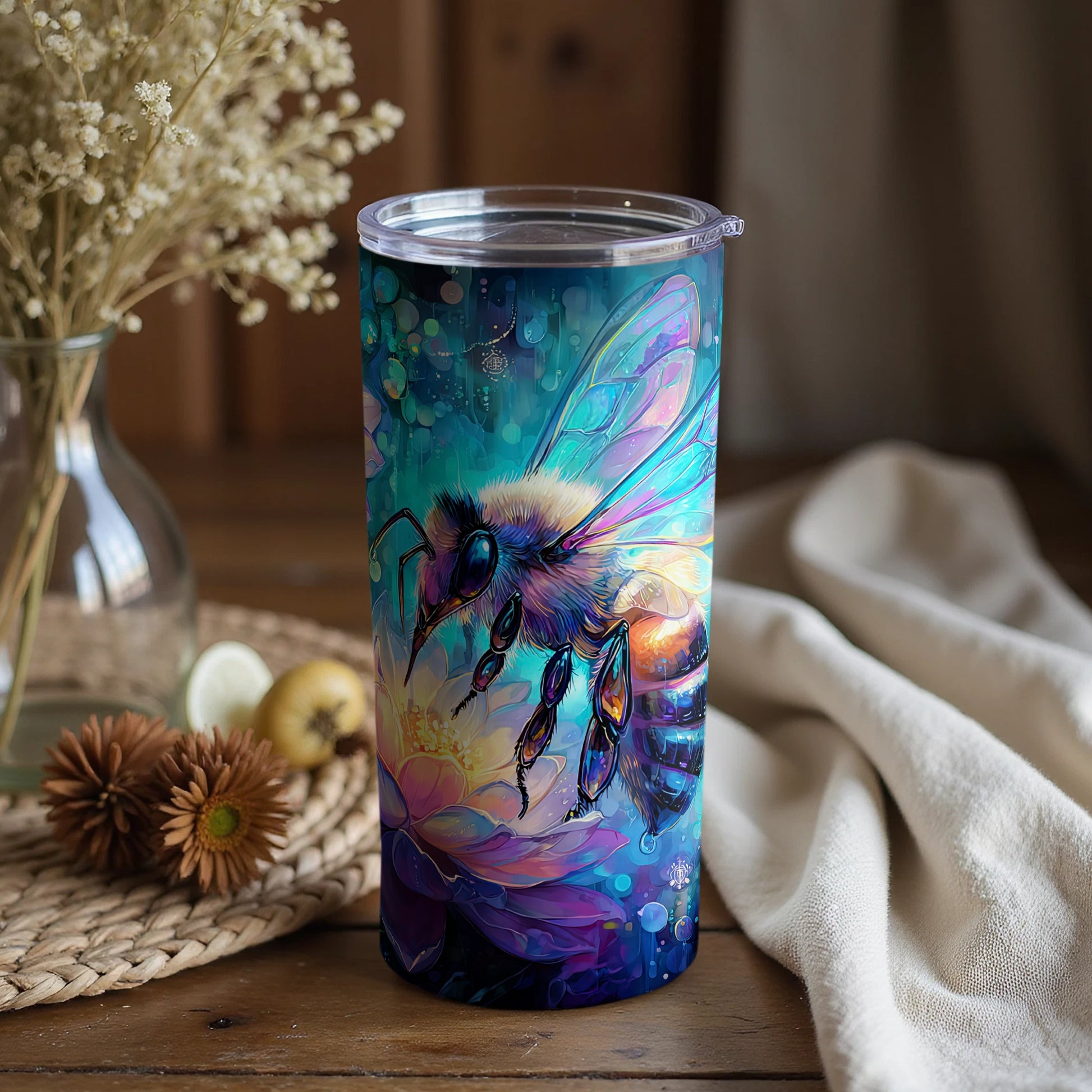 Colorful Bee and Flower Art Design Tumbler Cup