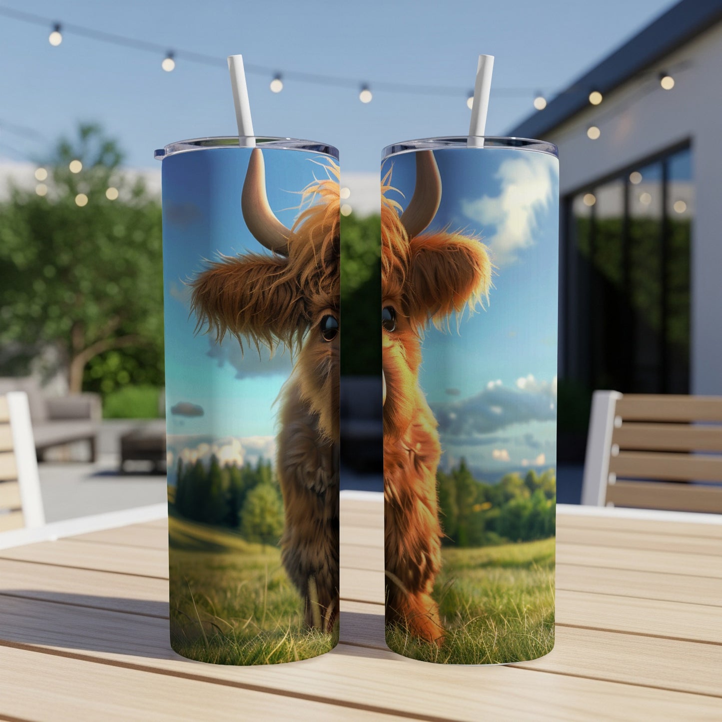 Highland cow illustration on two tumblers on a wooden table.