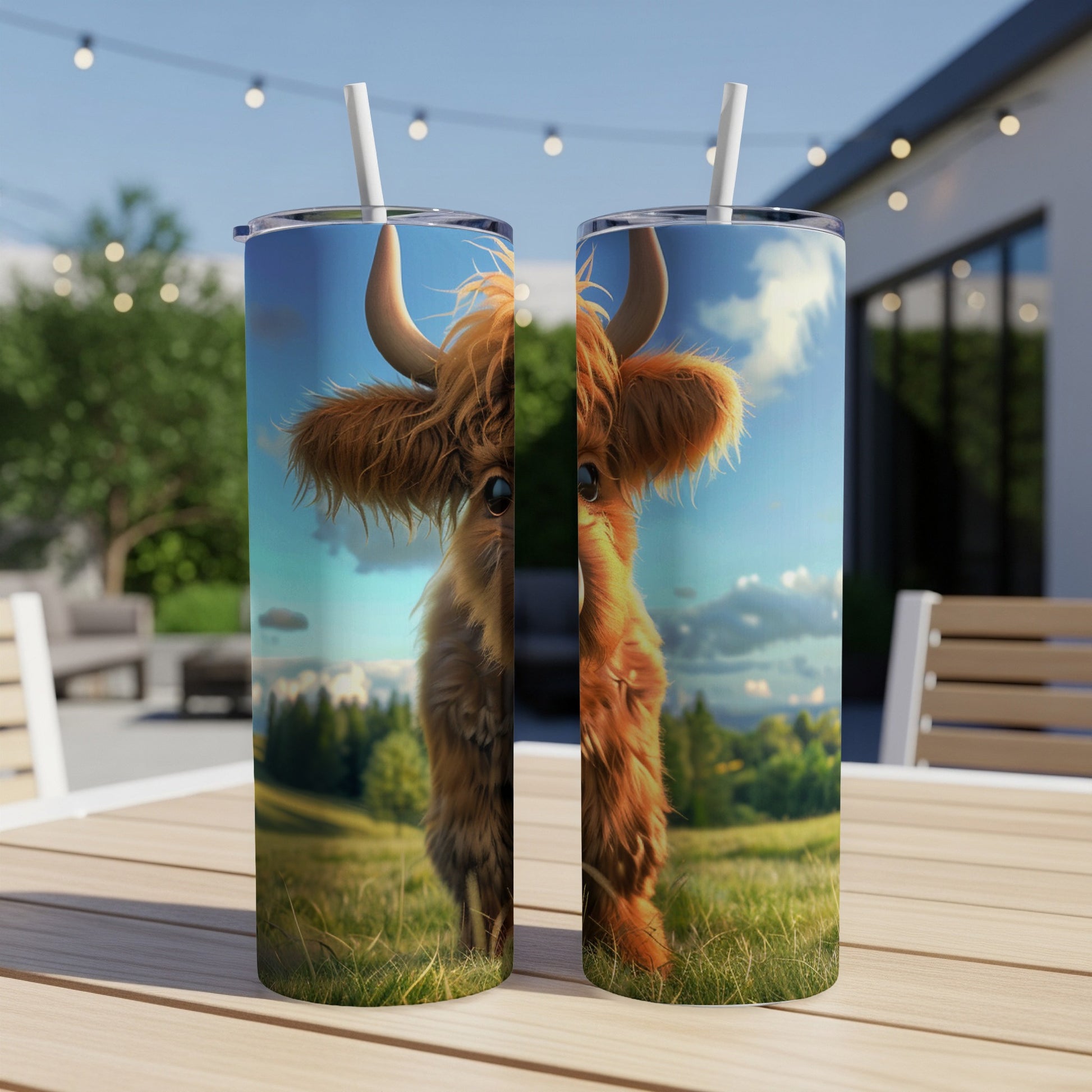 Highland cow illustration on two tumblers on a wooden table.