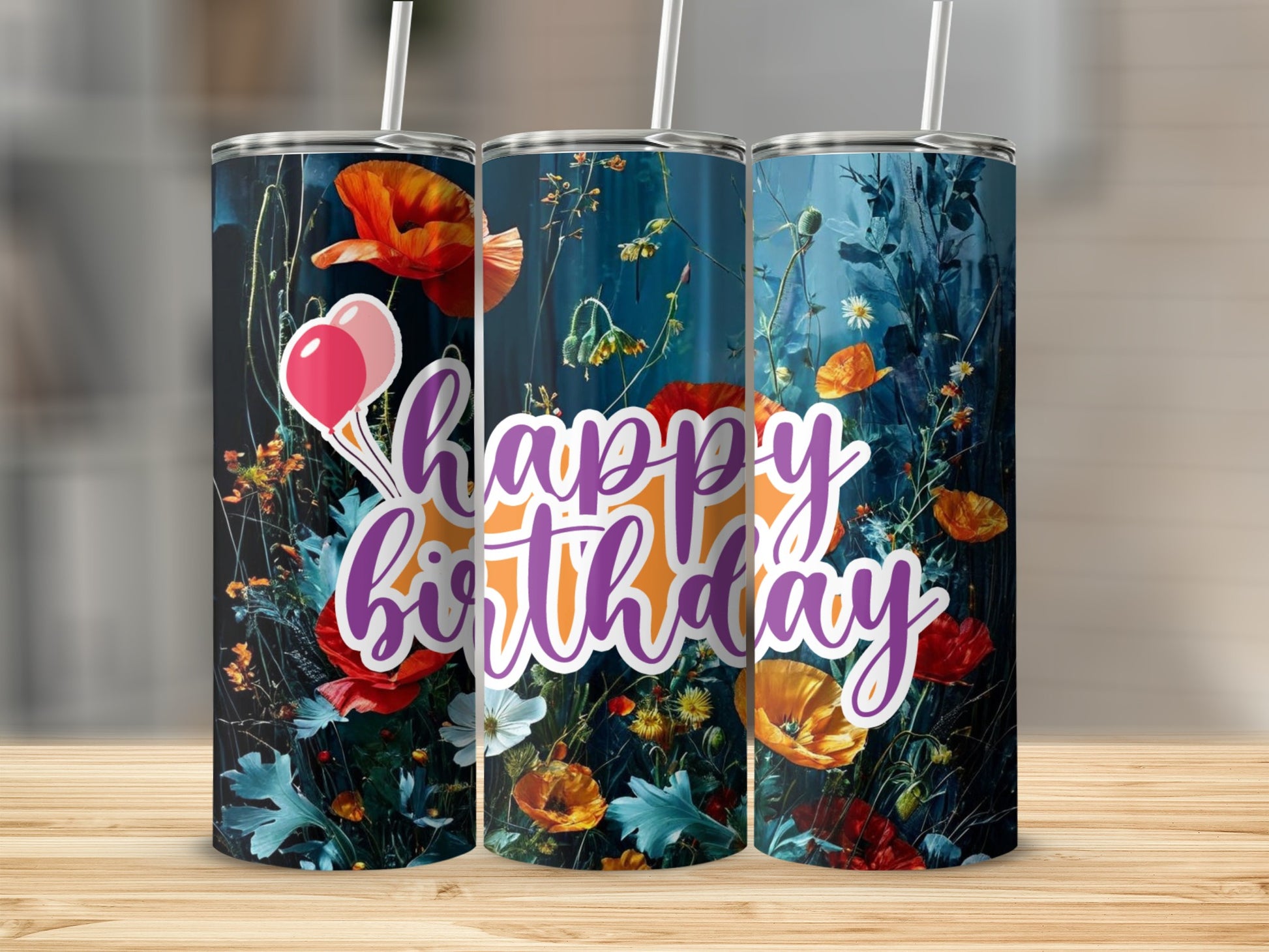Happy Birthday tumbler with floral and balloon design.