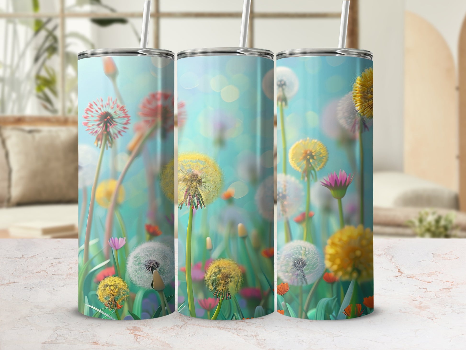 Three tumblers with dandelion and meadow flower designs.