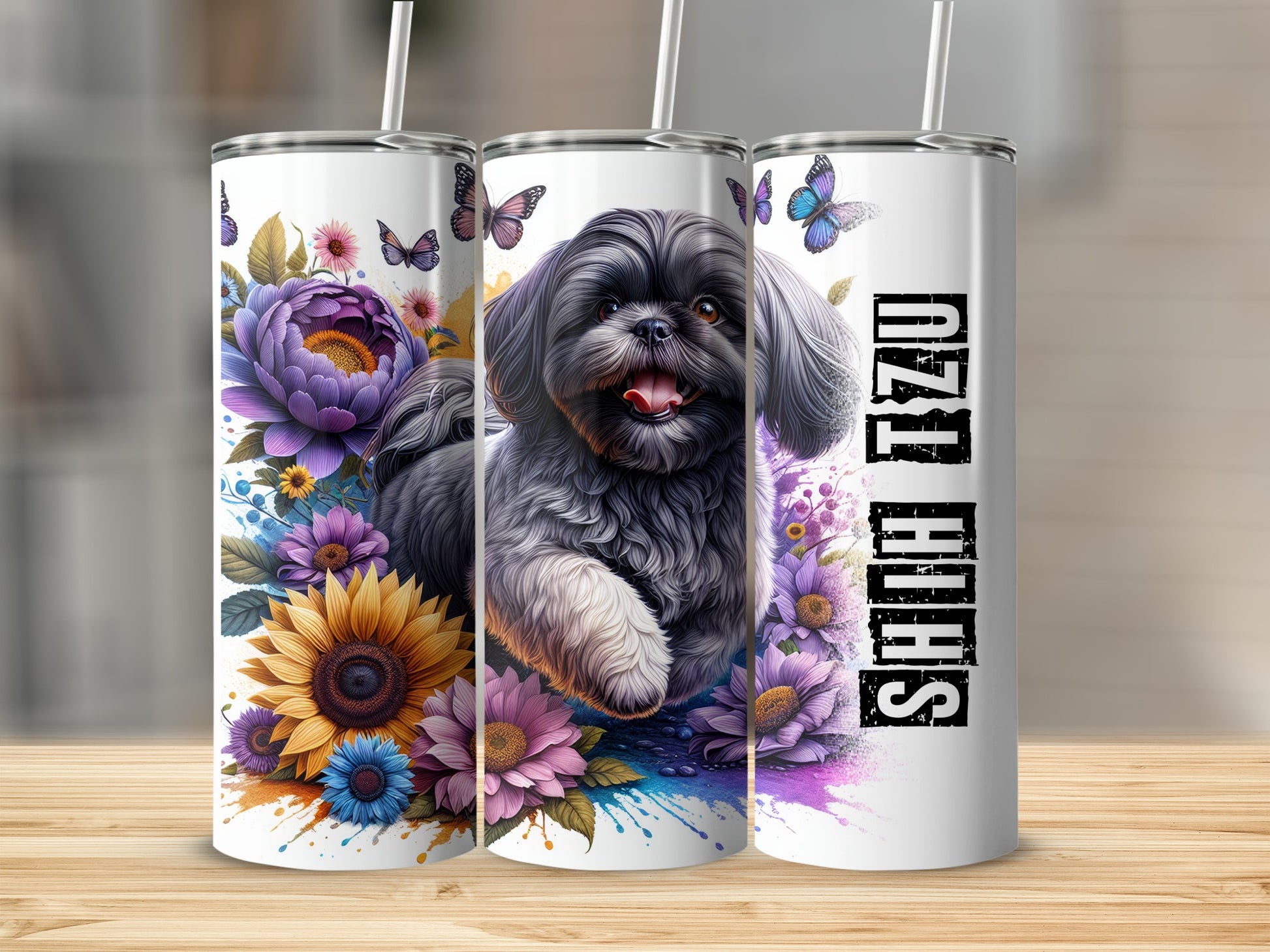 Shih Tzu dog with flowers and butterflies on a tumbler.