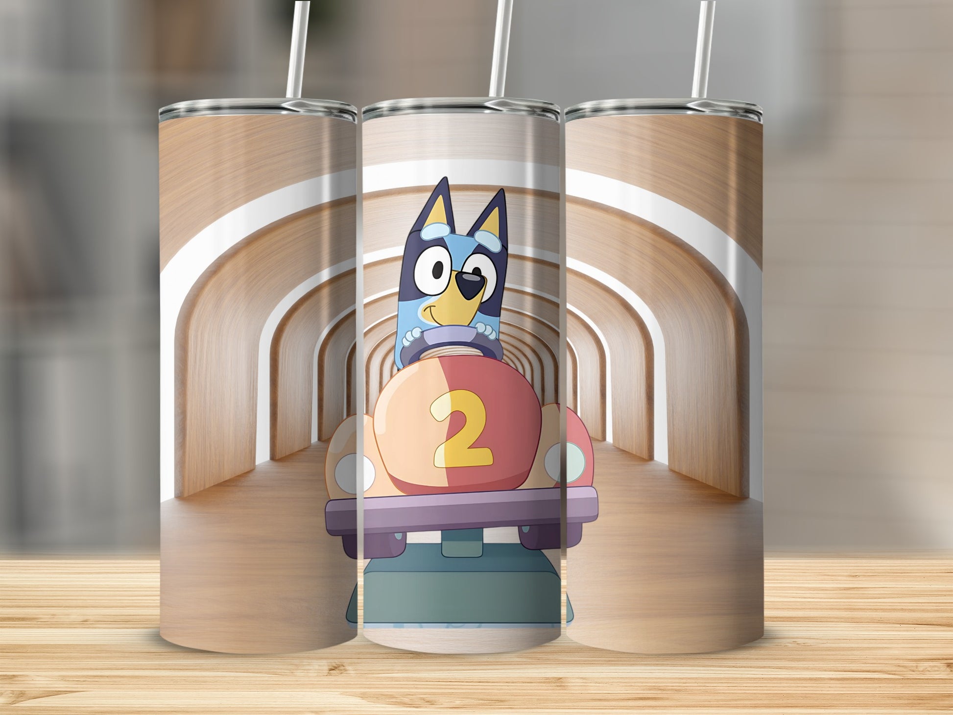 Cartoon Blue Dog Driving Car Tumbler with Straws