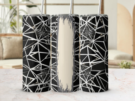 Three tumblers with a black geometric pattern and a beige brushstroke design.
