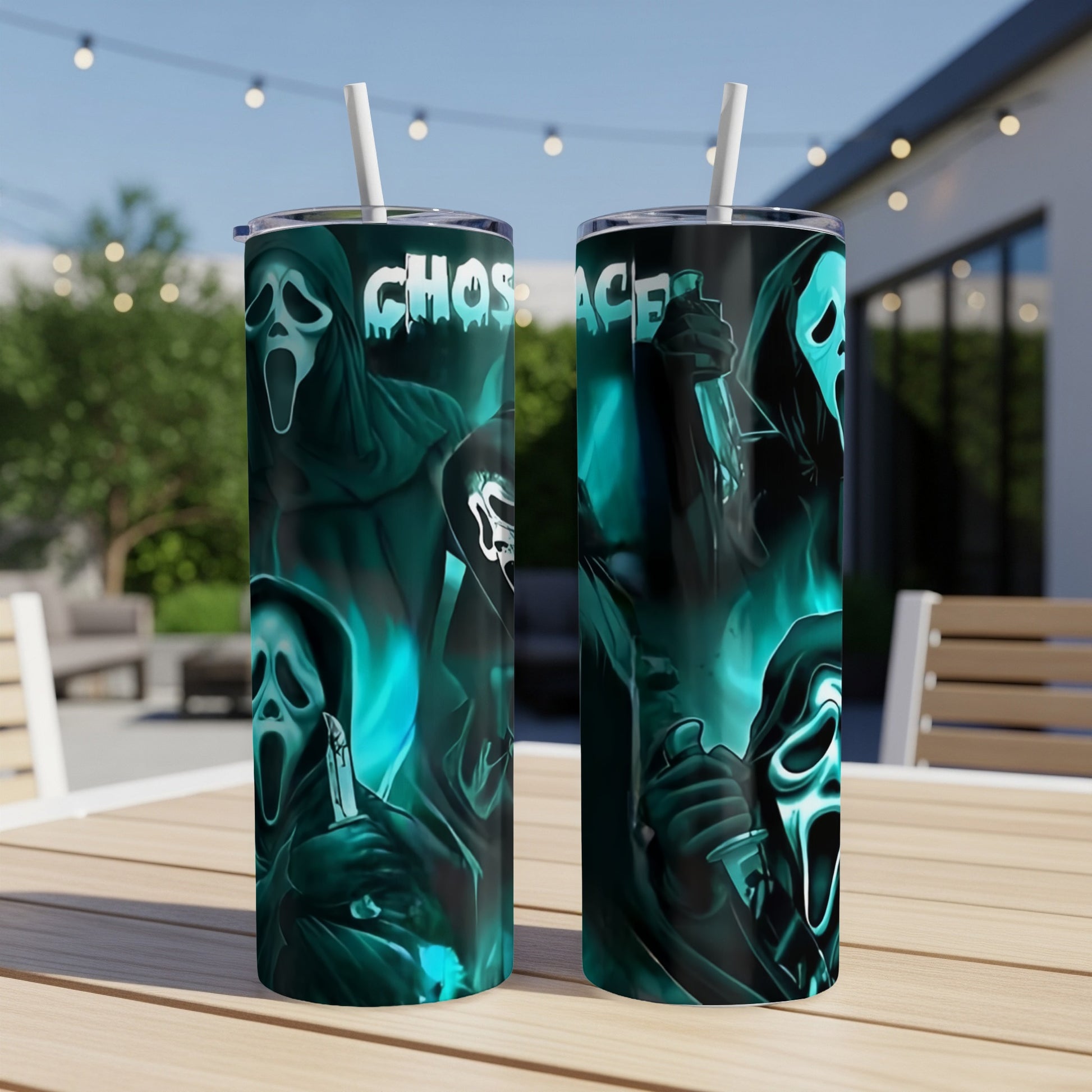 Two tumblers with Ghostface from Scream and dripping paint graphic.
