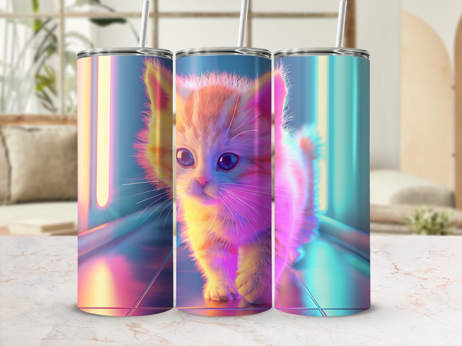 Three neon-lit tumblers featuring a cute, fluffy orange kitten.