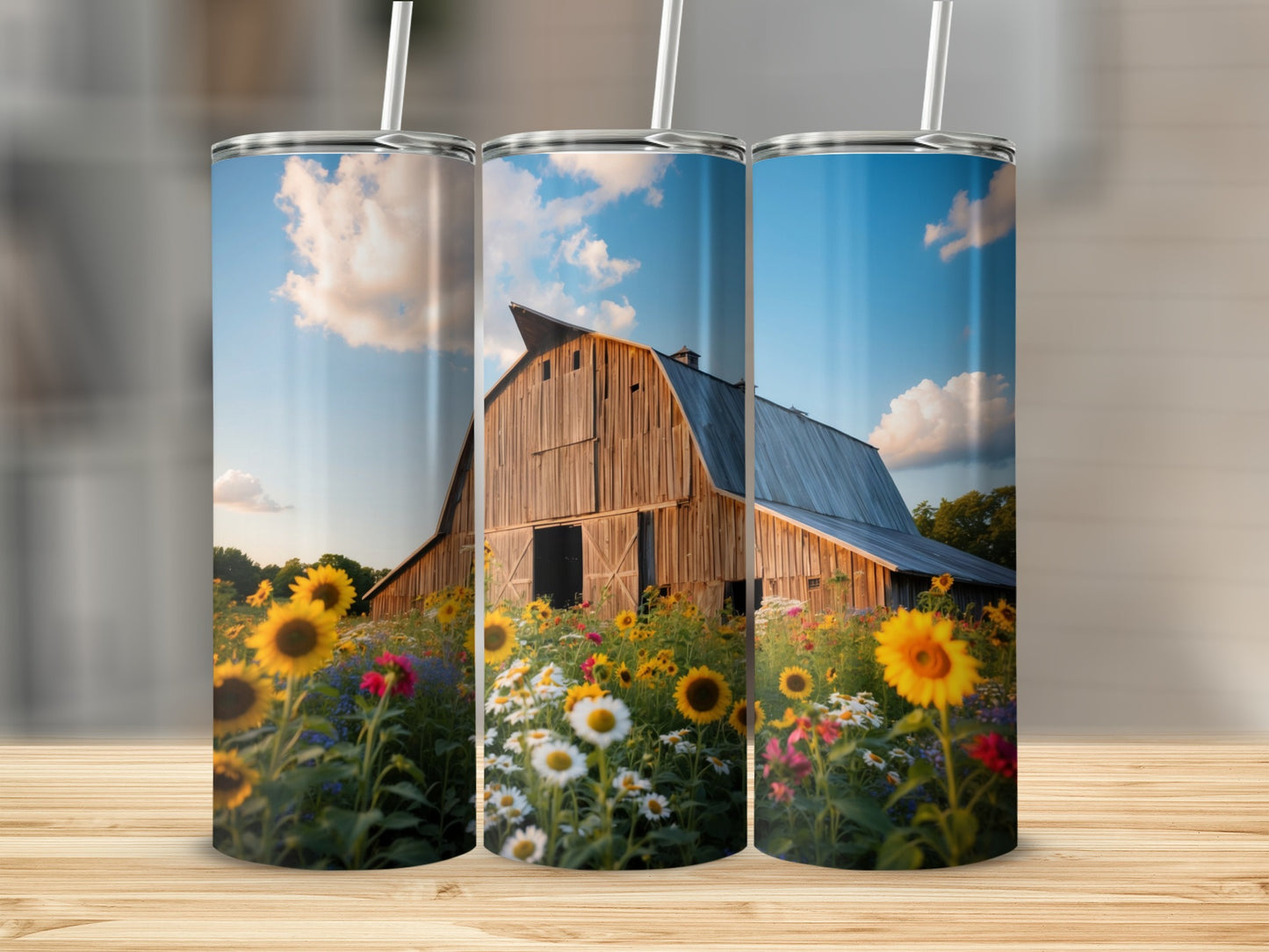 Wooden barn with sunflower field under a blue sky.