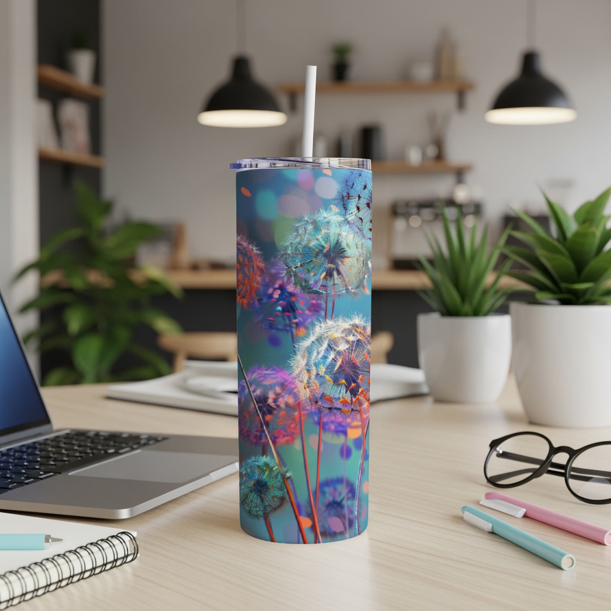 Tumbler with colorful dandelion seeds and bokeh background.