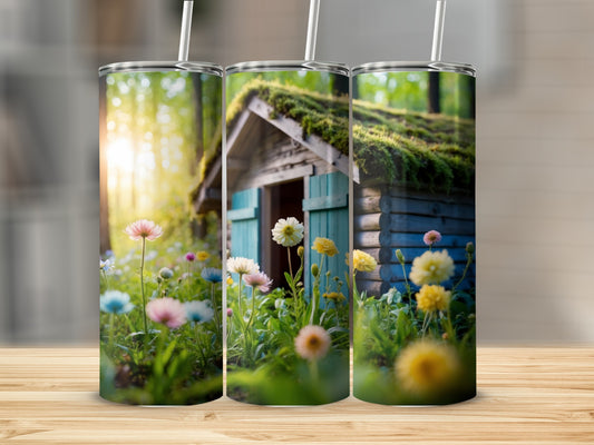 Three tumblers featuring a rustic cabin and wildflowers in a sunlit forest.