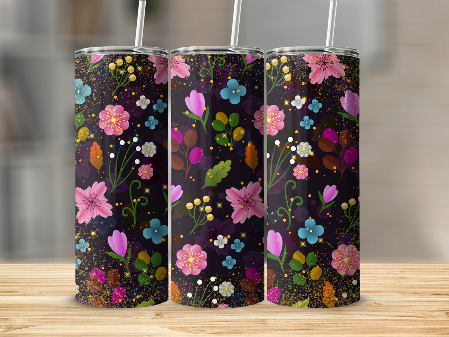 Colorful Floral Pattern Dark Background Tumbler
