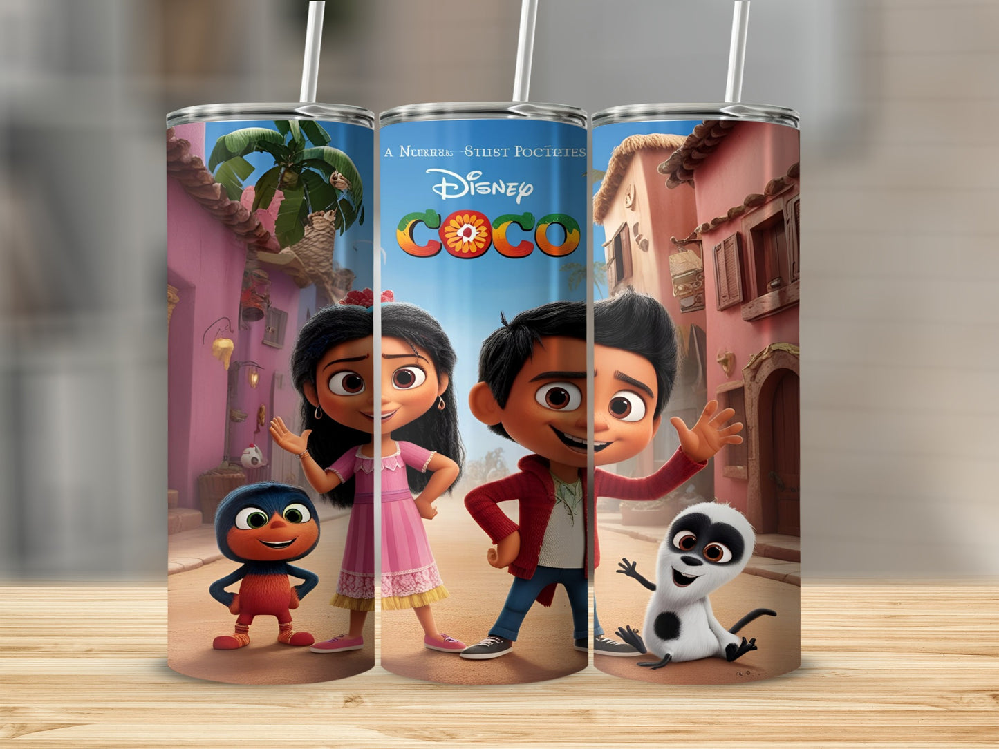 Disney Coco characters Miguel, Hector, and Dante on a tumbler with straw.