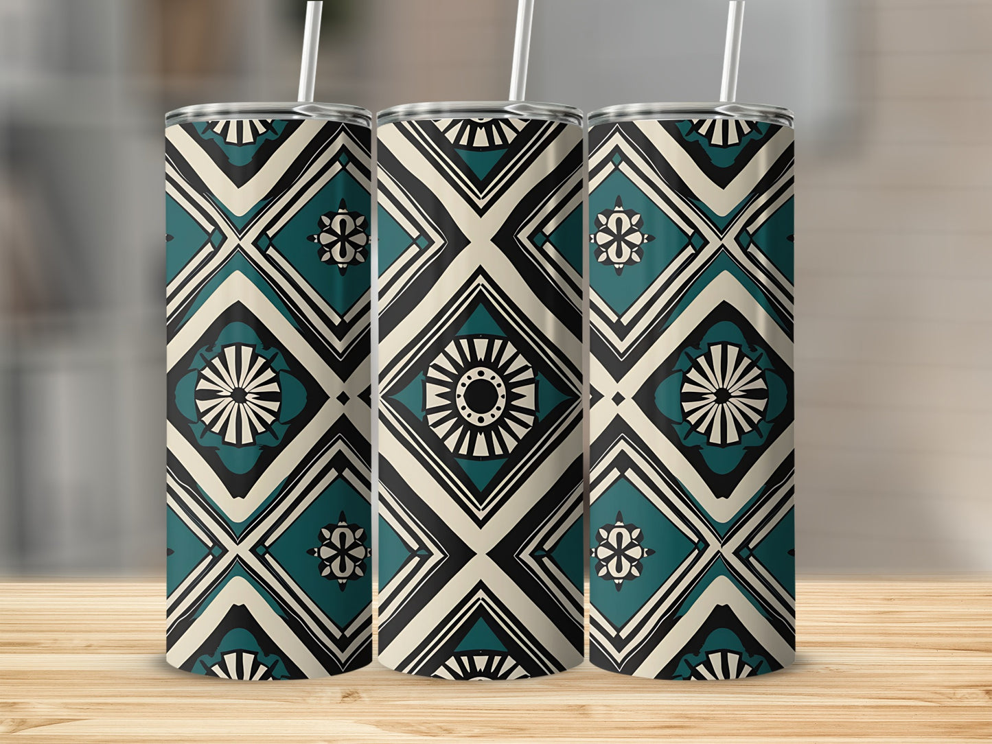 Geometric Pattern Insulated Tumbler Cup With Straw Product