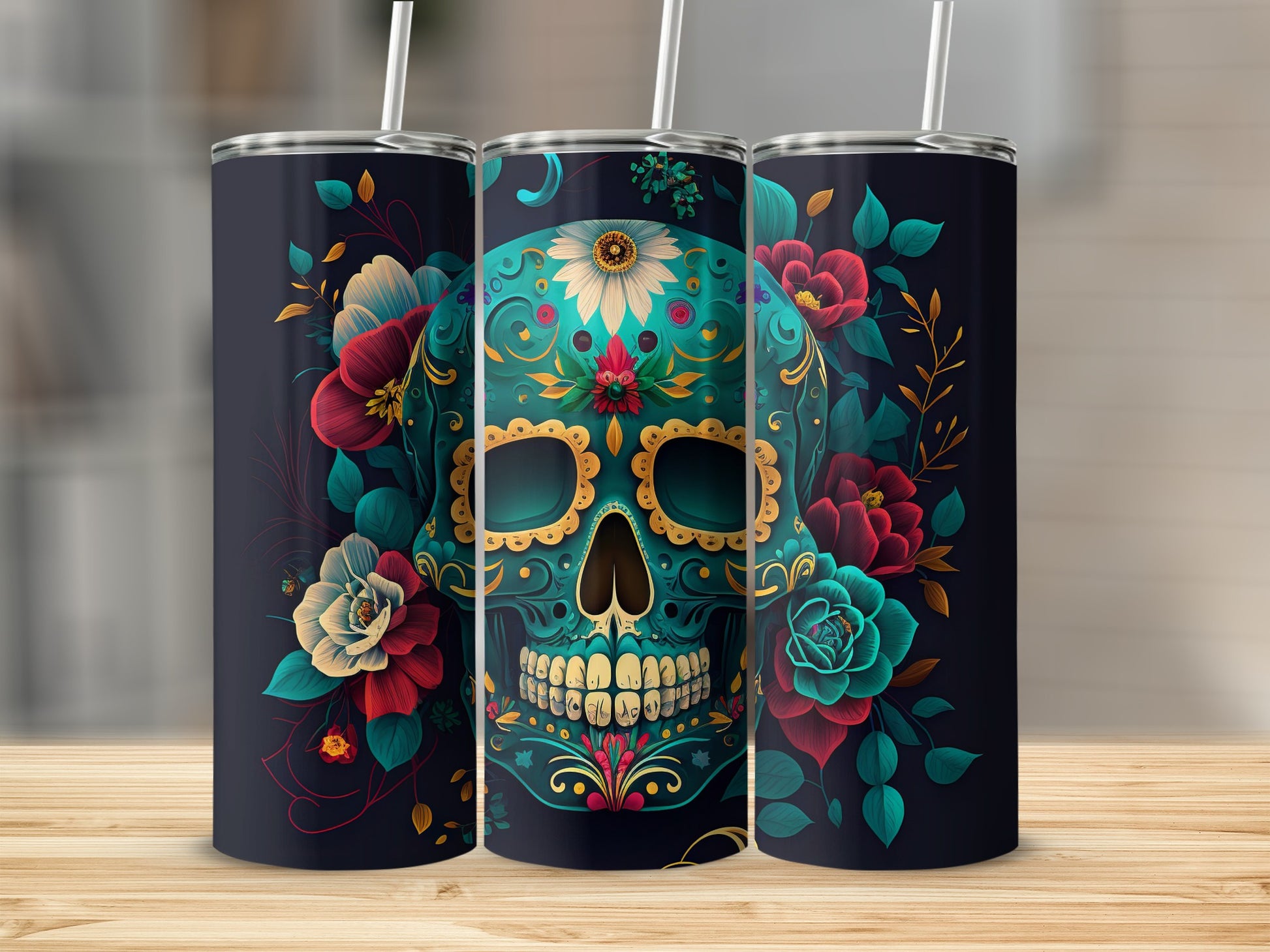 Colorful Sugar Skull Floral Design Tumbler