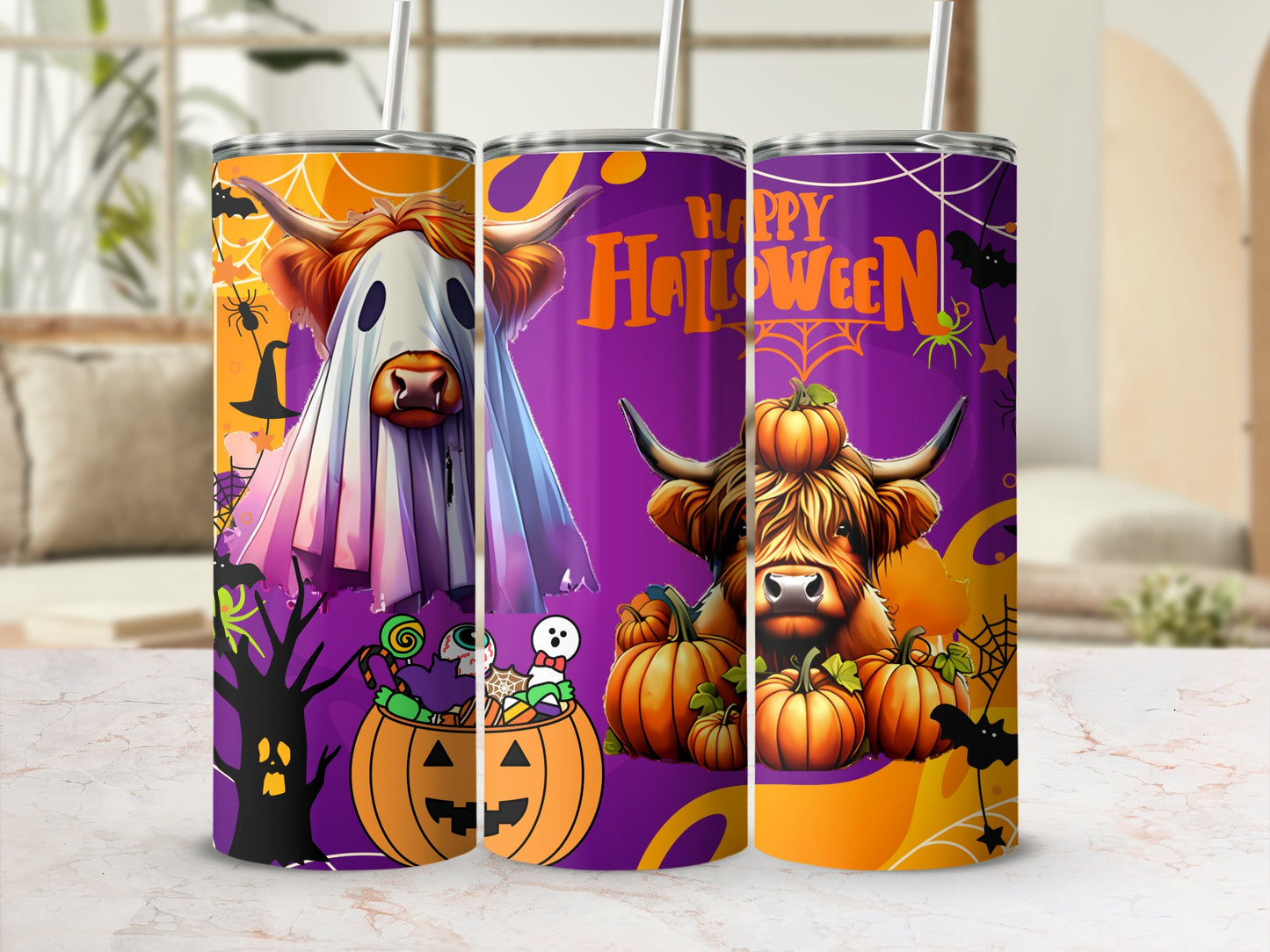 Colorful Halloween Highland Cow Tumbler product