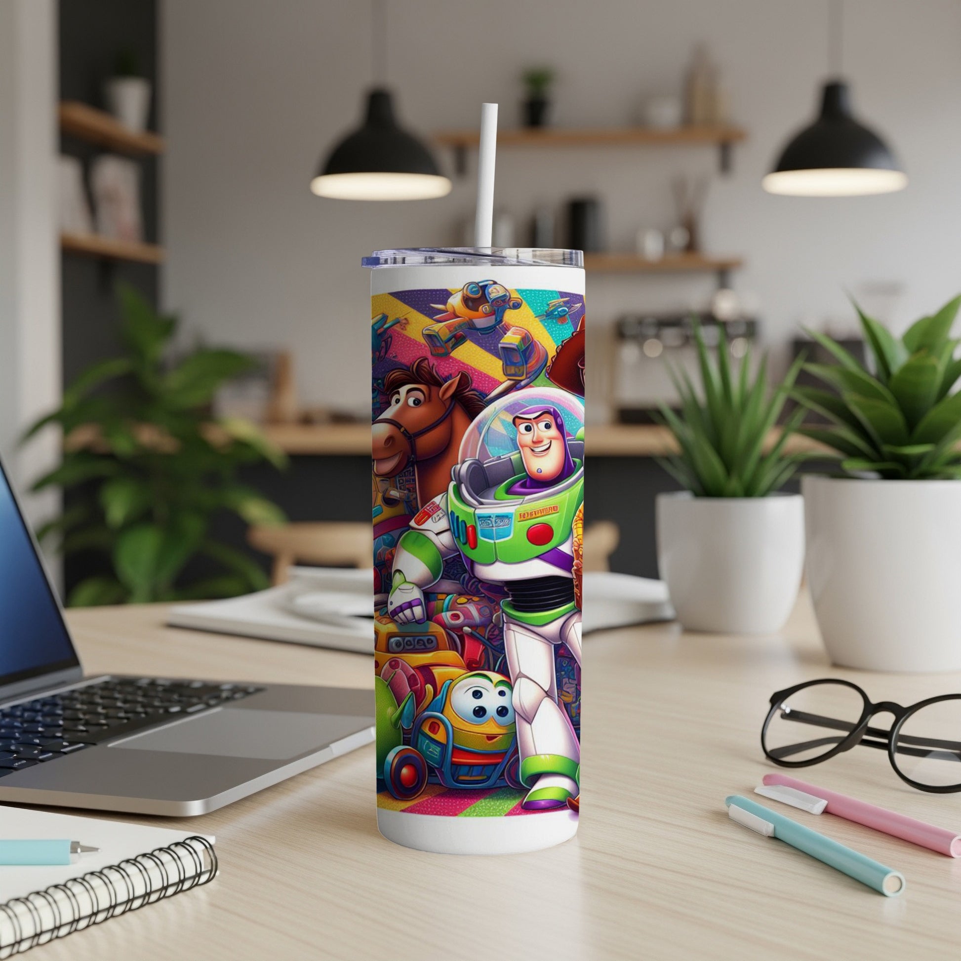 Buzz Lightyear and friends on a colorful, patterned tumbler.