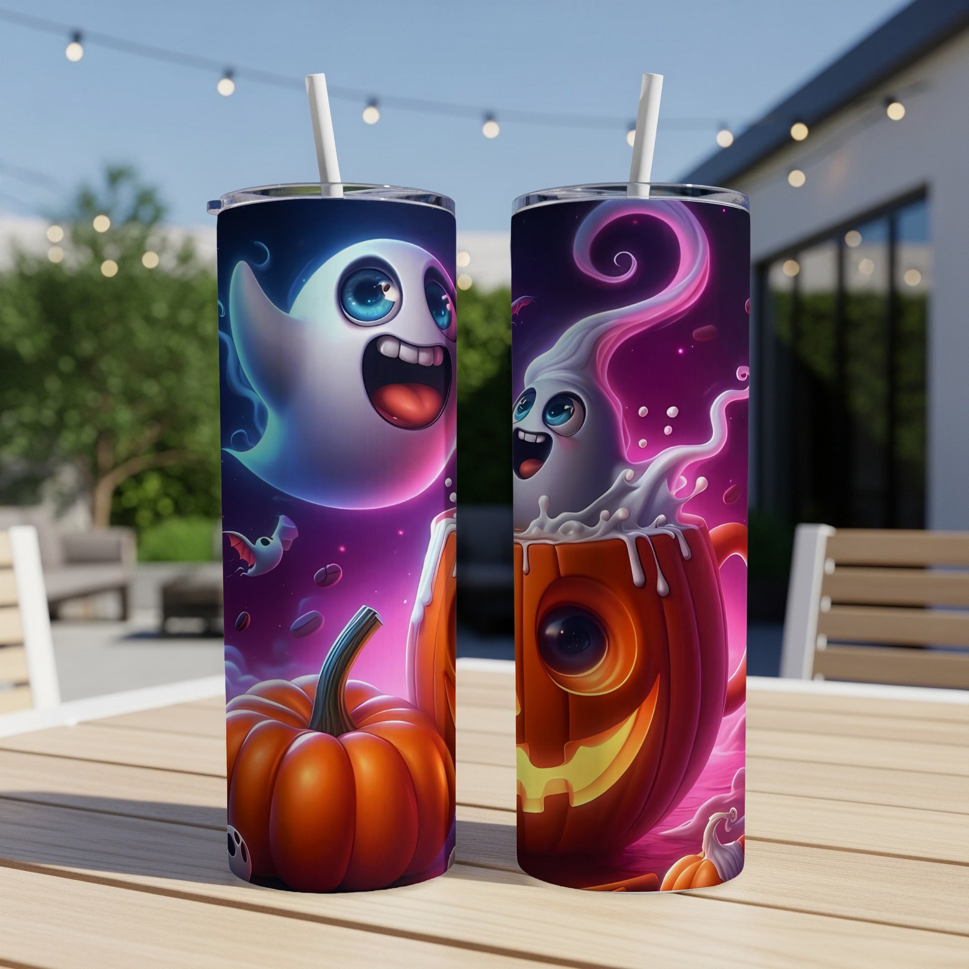 Two Halloween tumblers with ghosts and pumpkins, displayed outdoors.