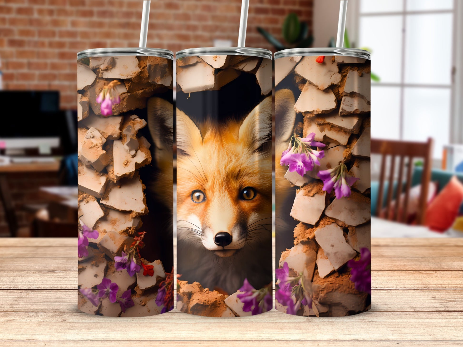 Vibrant Fox Peeking Cracked Ground Flowers Tumbler product type
