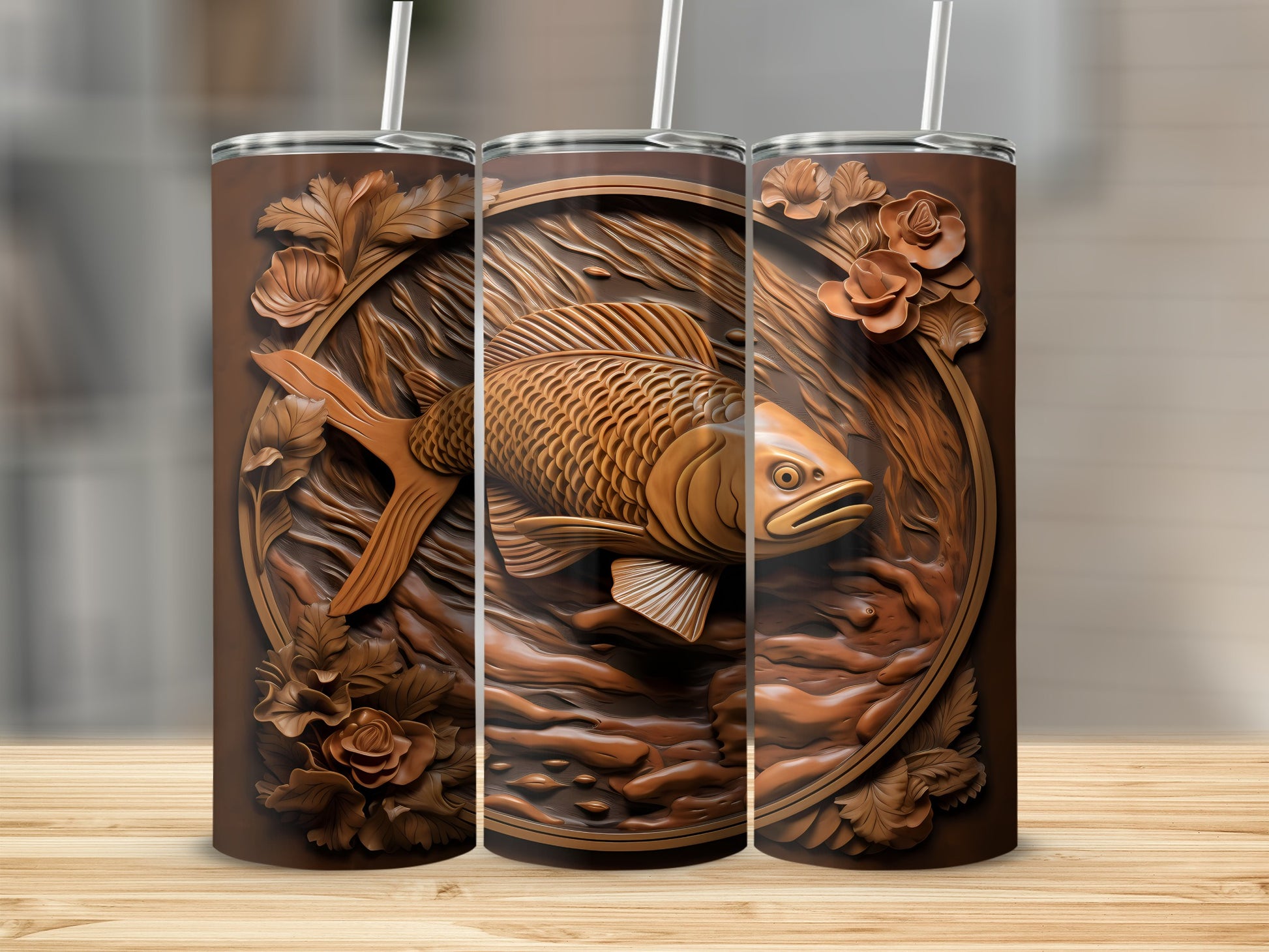 Brown tumbler with a carved fish and floral relief design.