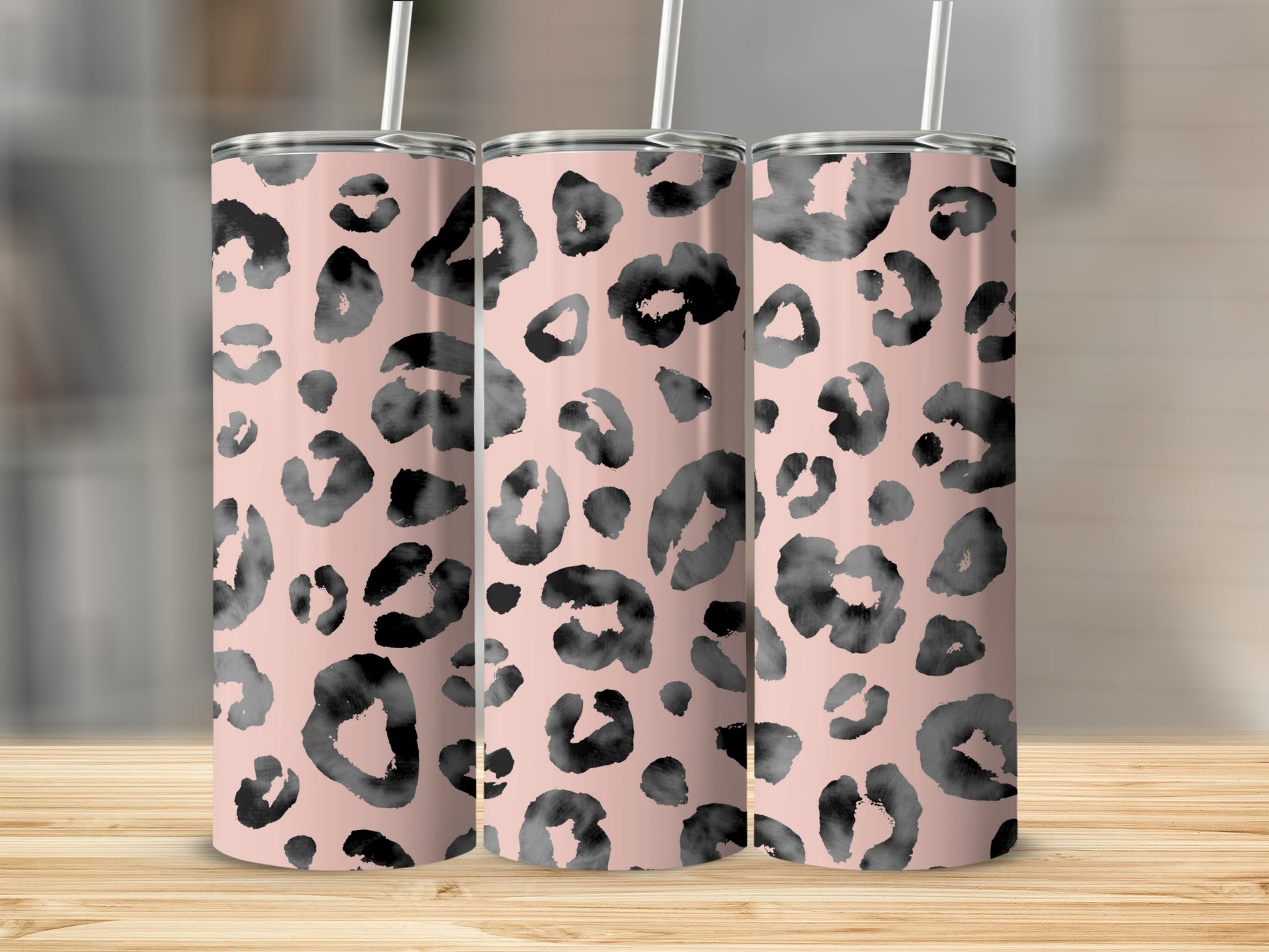 Stylish Black Leopard Print Tumbler with Straw