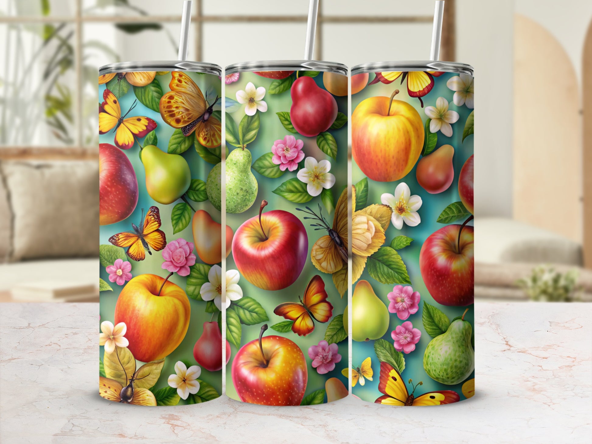 Tumbler with apples, pears, and butterflies on a floral background.