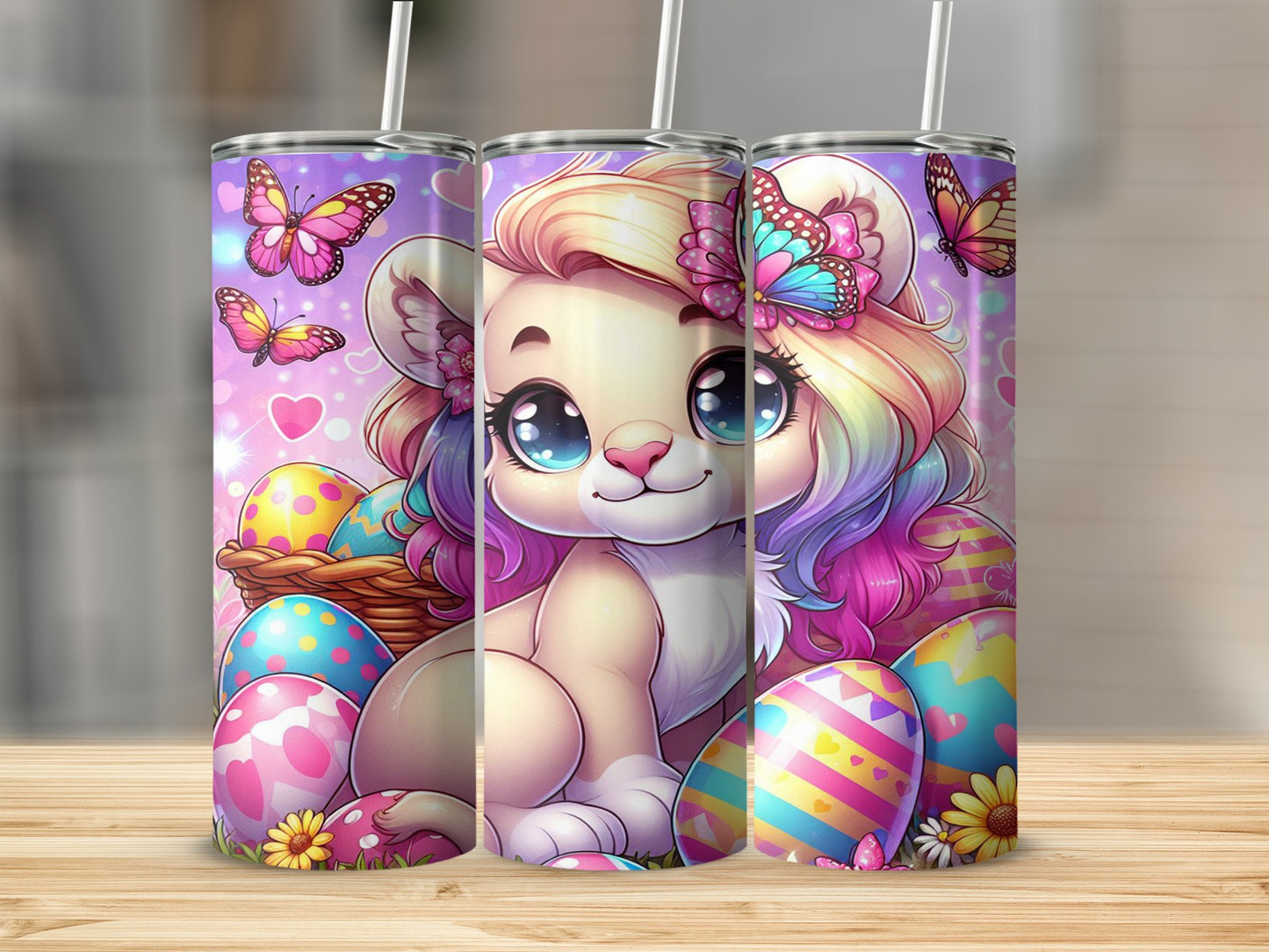 Cartoon lion cub with rainbow mane, Easter eggs, and butterflies.