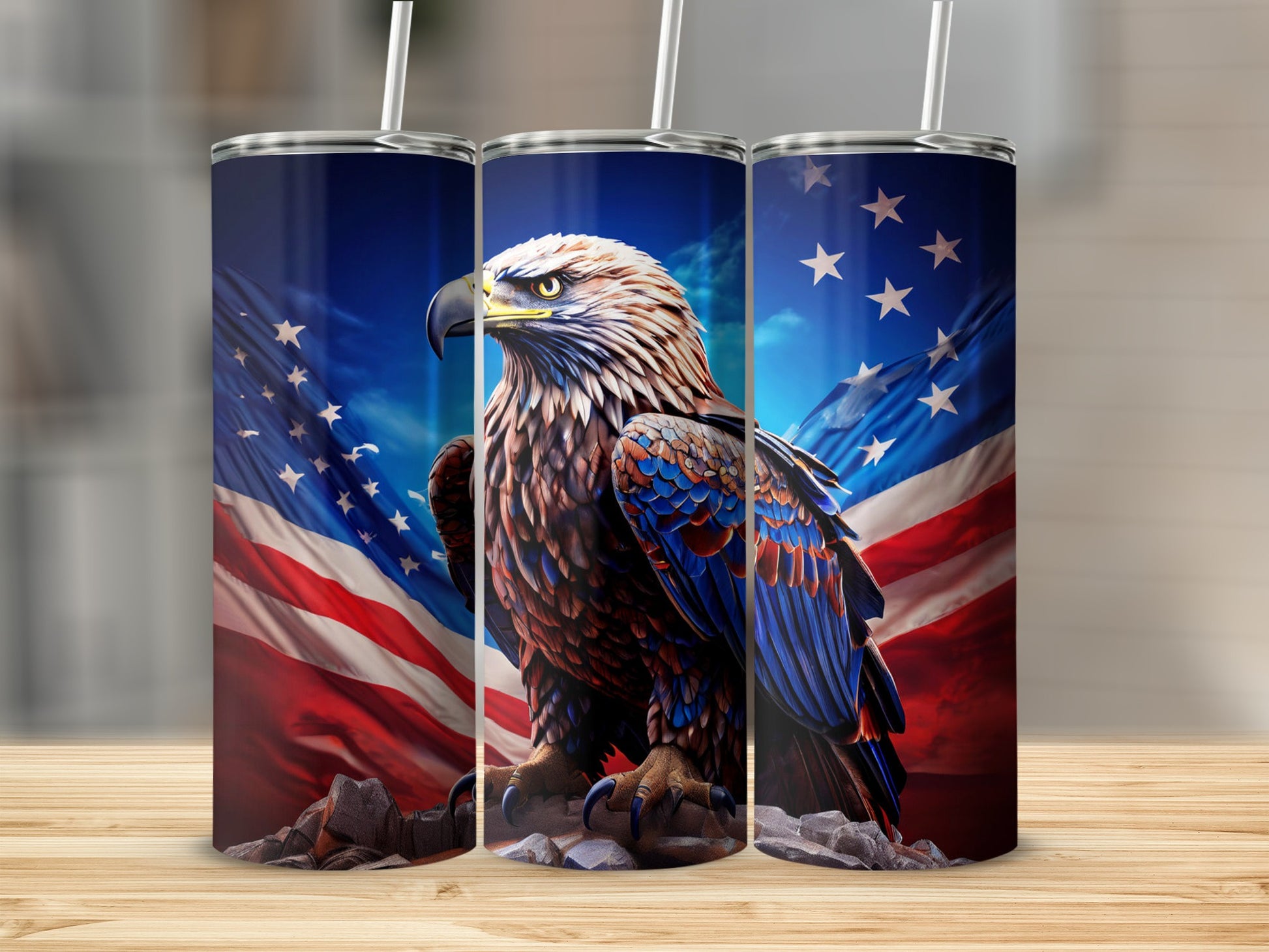 Eagle with American flag on patriotic tumbler.