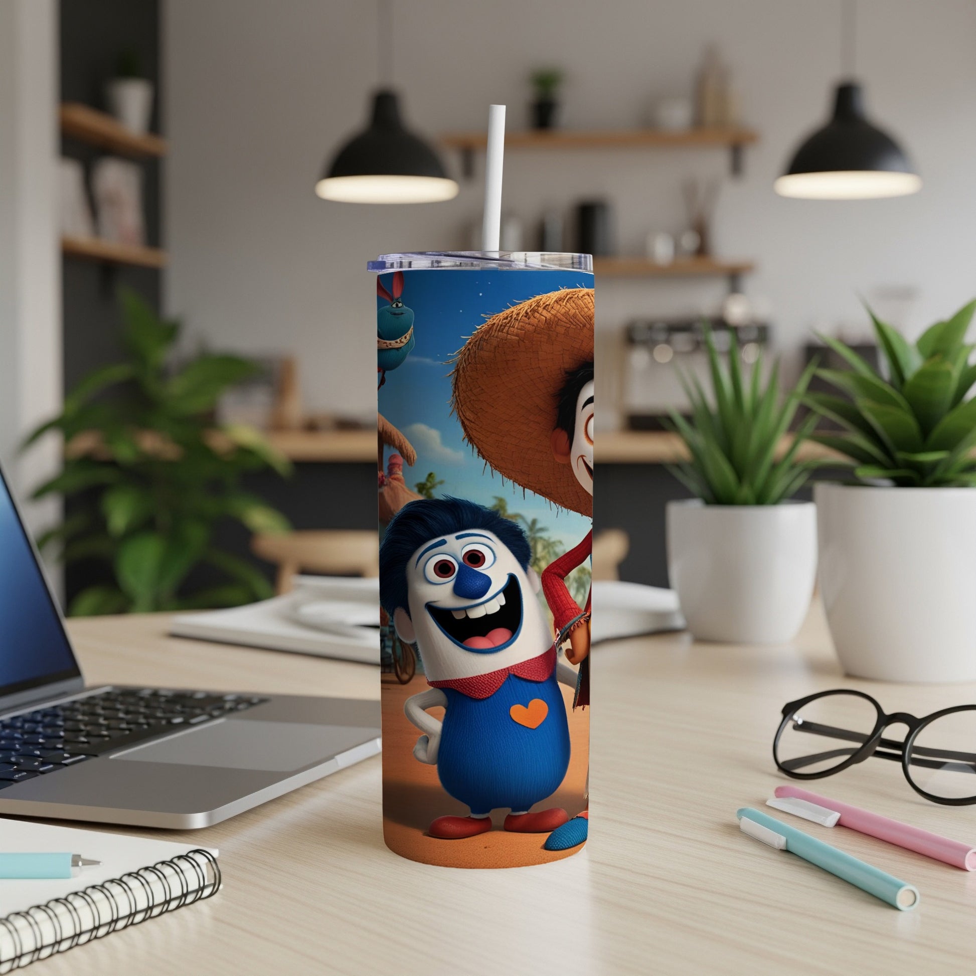 Blue cartoon character with red heart and straw in sombrero, on a tumbler.
