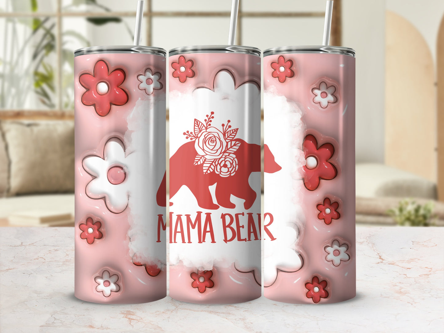 Mama Bear with Floral Design Tumbler with Straw Cup
