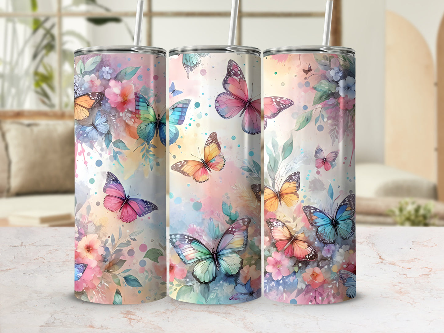 Floral pattern tumbler with colorful butterflies and leaves.