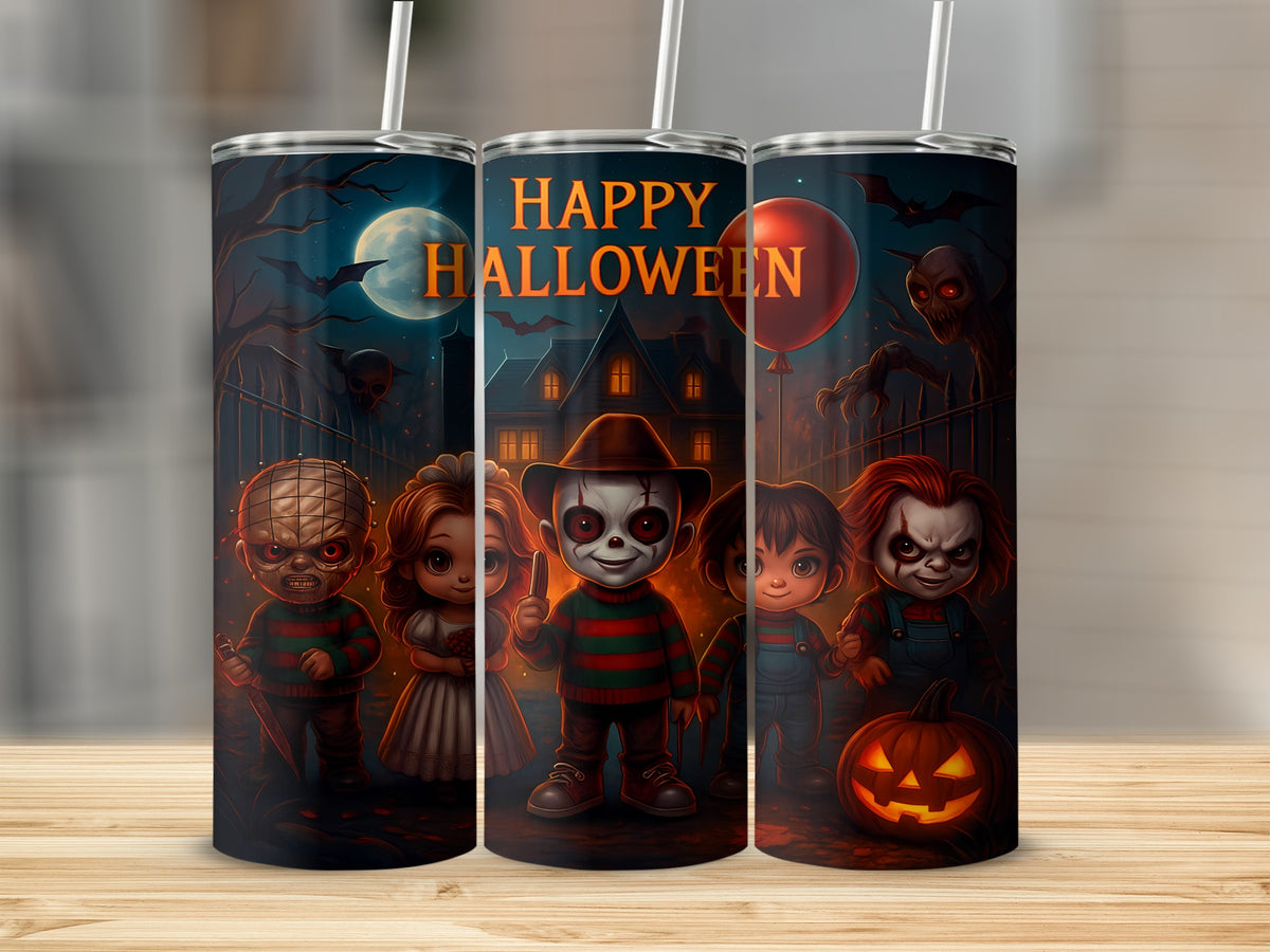 Halloween tumbler with horror movie character illustrations and text.